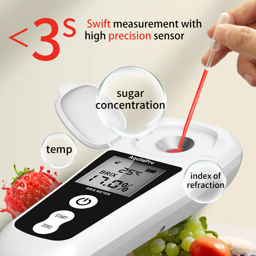 AquilaPro Digital Brix Refractometer with LCD, for Fruit Juice and Coffee, with Auto Temperature Compensation, 0-55% Range, ±0.2% Accuracy, Rechargeable Brix Meter for Liquid Sugar Content