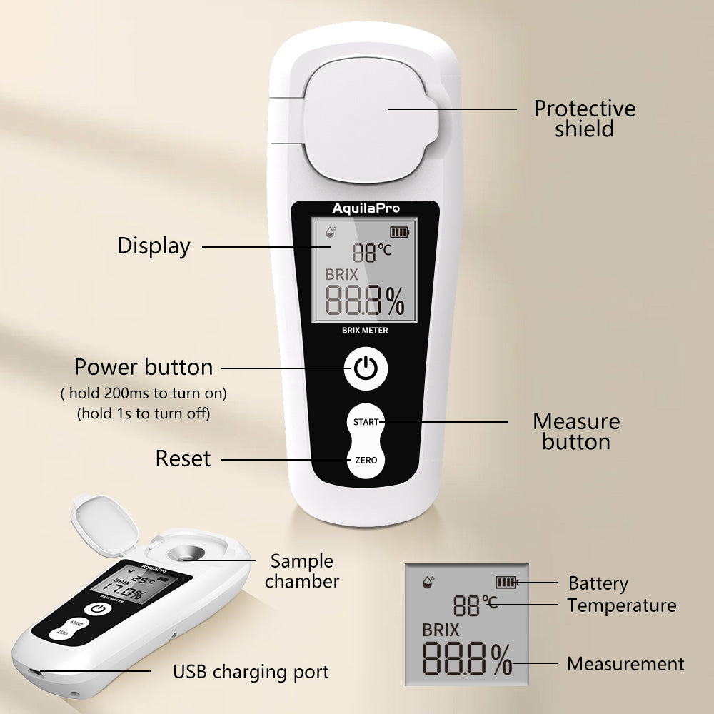 AquilaPro Digital Brix Refractometer with LCD, for Fruit Juice and Coffee, with Auto Temperature Compensation, 0-55% Range, ±0.2% Accuracy, Rechargeable Brix Meter for Liquid Sugar Content